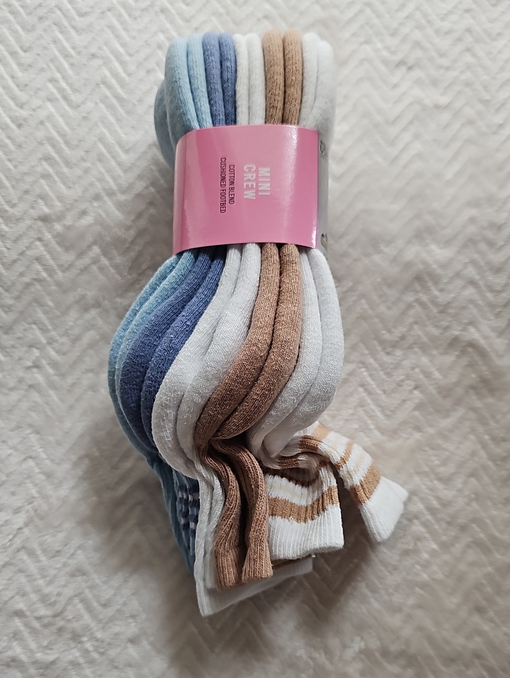 Hue Women's Mini-Crew Sock 5 Pack — Blue, White & Brown 5 Pairs NWT Cotton Nylon